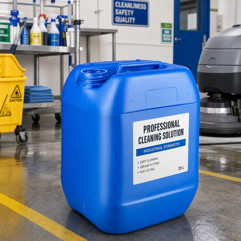 Bidón azul vacío de 10 litros sin tapón en un entorno de limpieza profesional