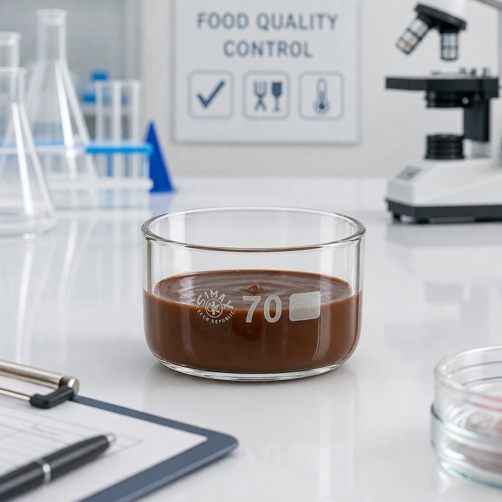 Recipiente de cristalización de 100 ml con masa de chocolate para el control de calidad de los alimentos en el laboratorio