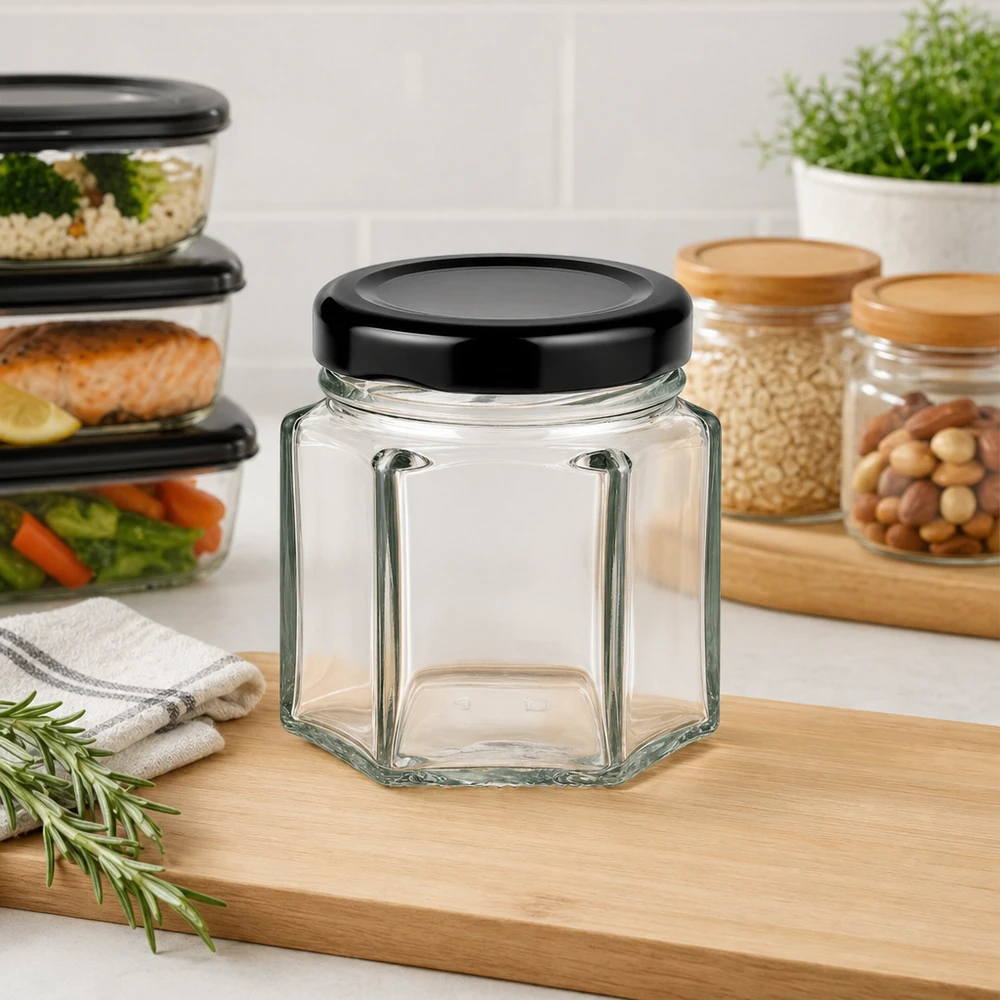 Tarro hexa de 47ml con tapa BasicSeal negra UNiTWIST Tarro hexa vacío de 47 ml con tapa BasicSeal negra en una cocina moderna junto a tarros de almacenaje y cajas de preparación de comidas.