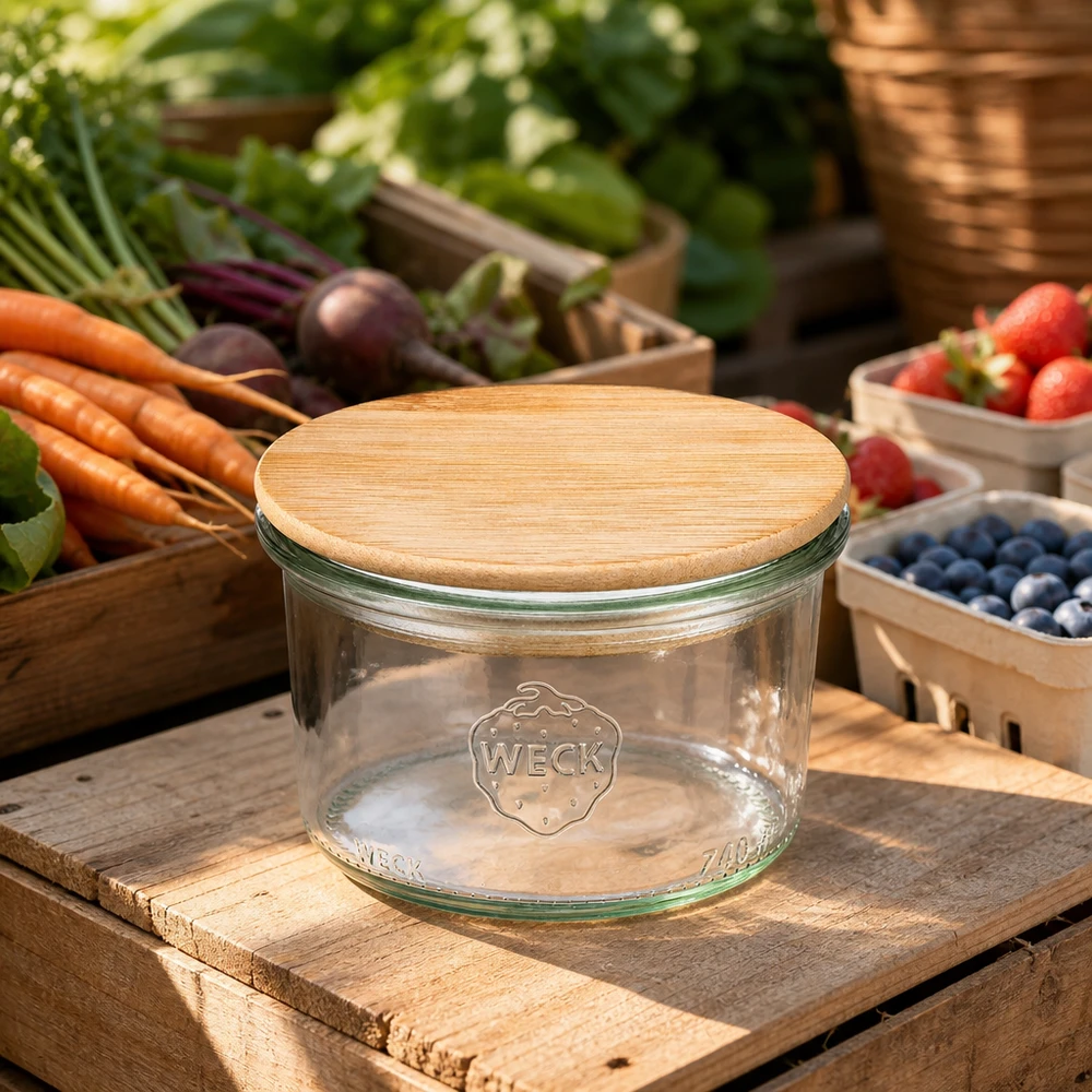 Vaso de 200ml WECK RR80 con tapa de madera Vasos WECK RR80 de 200 ml con tapa de madera en una escena de mercado rústico rodeado de frutas y verduras frescas