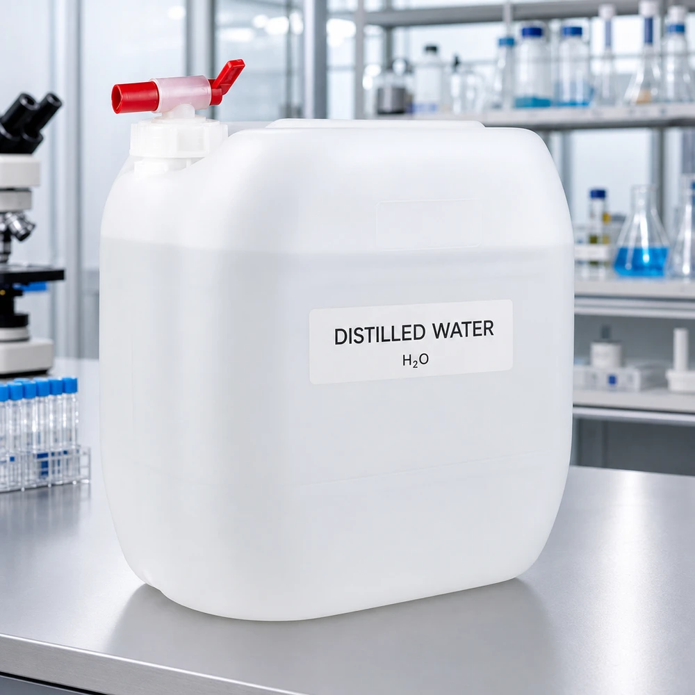 Bidón de 30 litros con grifo rojo y etiqueta de «agua destilada» en un entorno de laboratorio
