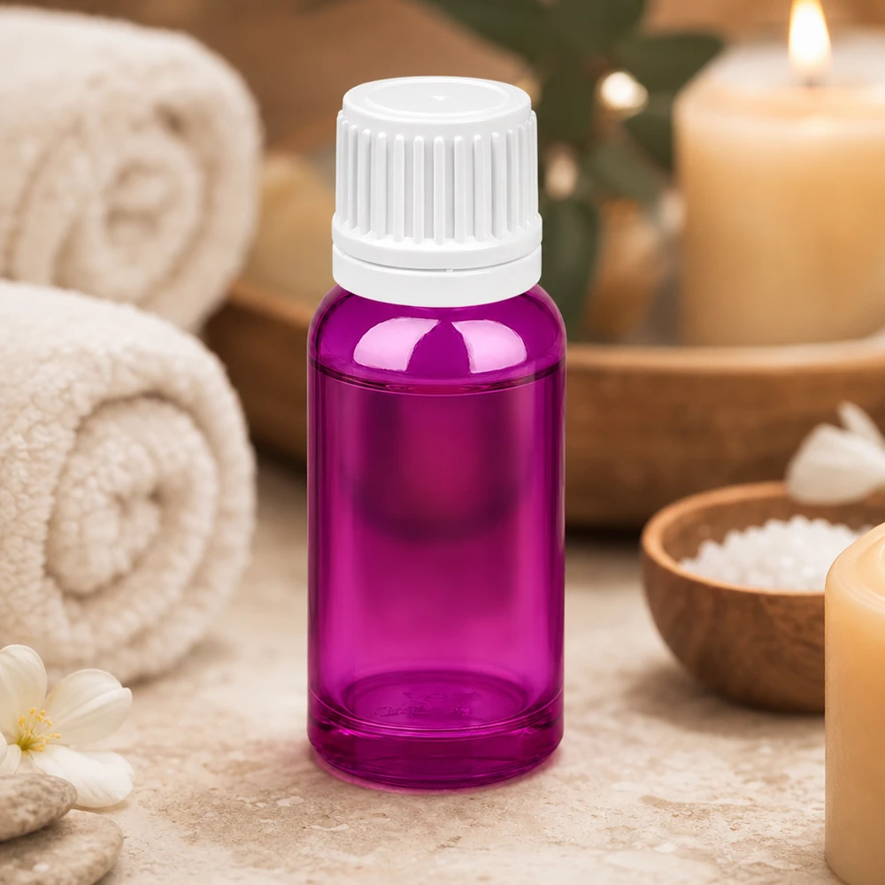 Frasco de vidrio de 20 ml de alta calidad con diseño Purple Line y protección UV para sustancias fotosensibles