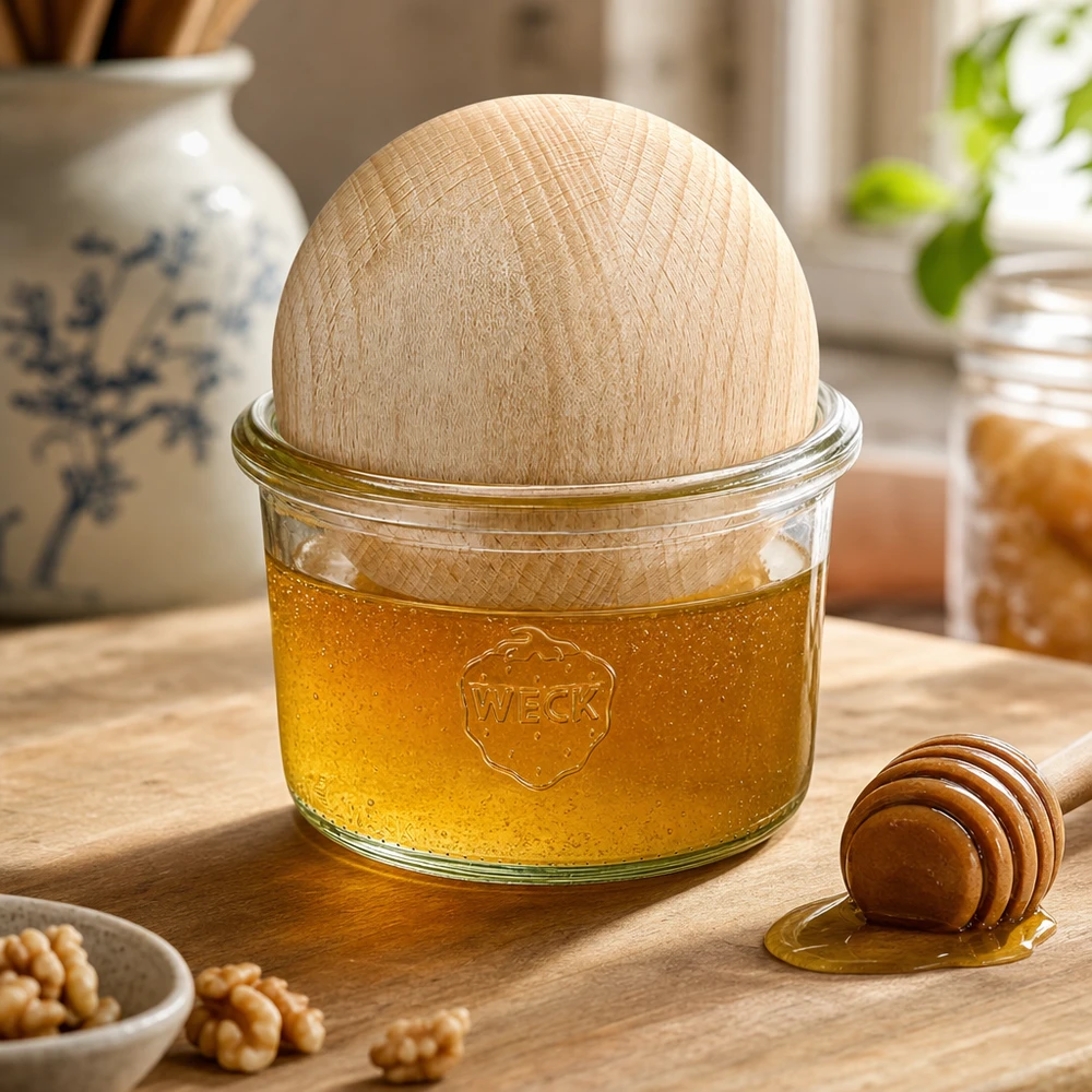 Vasos WECK 200ml con bola de haya rellena de miel, cuchara de miel y nueces sobre mesa de madera en cálida cocina