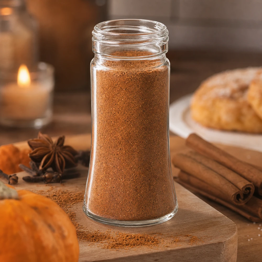 Frasco para especias Bobby de 95 ml lleno de especias para calabaza, junto a ramas de canela y anís estrellado