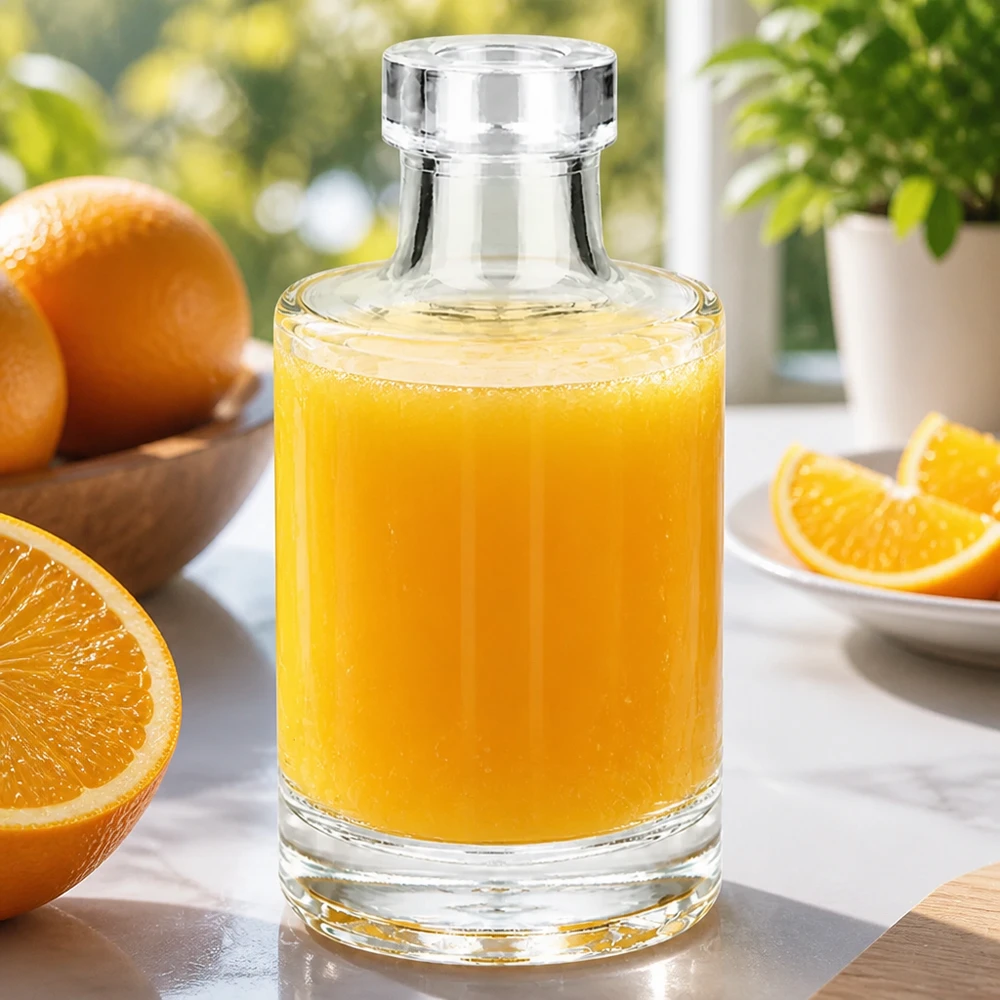 Botella de cristal Marie de 100 ml llena de zumo de naranja rodeada de naranjas frescas y rodajas de naranja sobre una mesa de mármol
