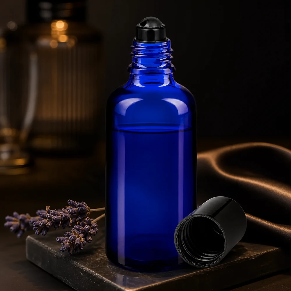 Frasco roll-on de 50 ml de color azul cobalto, fabricado en vidrio con protección UV, con aplicador de bola negro y decoración de lavanda