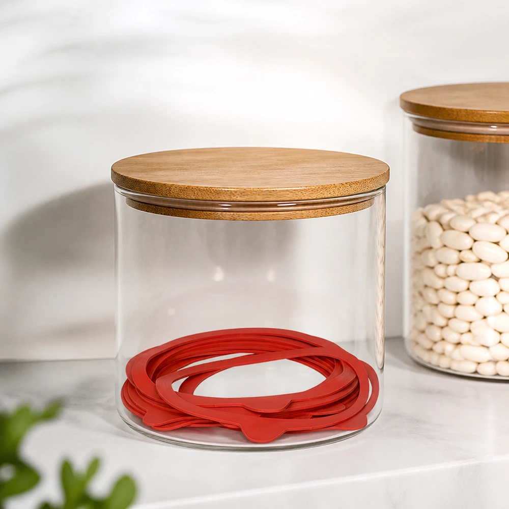 Anillos de conservas RR120 rojos de caucho natural en un tarro transparente con tapa de bambú en una cocina moderna