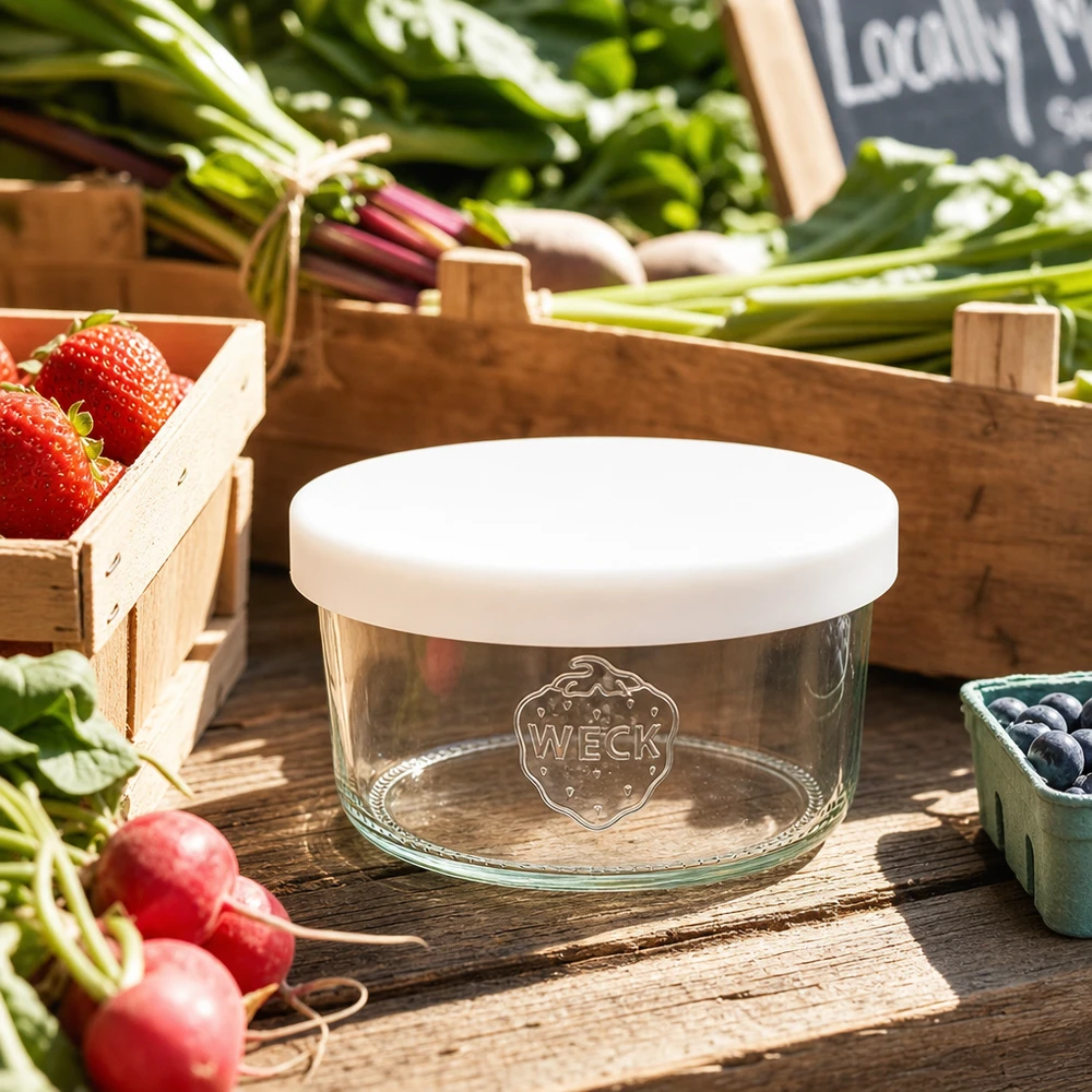 WECK 165ml RR80 vasos transparentes con tapa de silicona blanca en una mesa de madera entre las verduras y frutas frescas del mercado