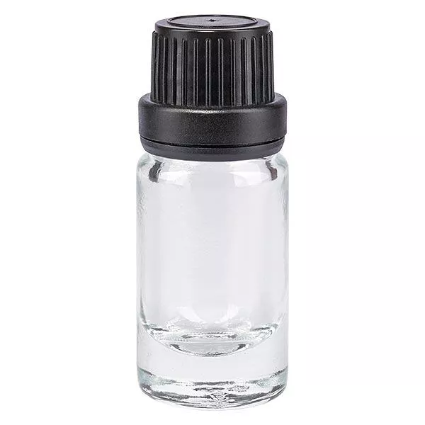 Botella de farmacia transparente de 5ml con tapón de rosca negro y cierre inviolable