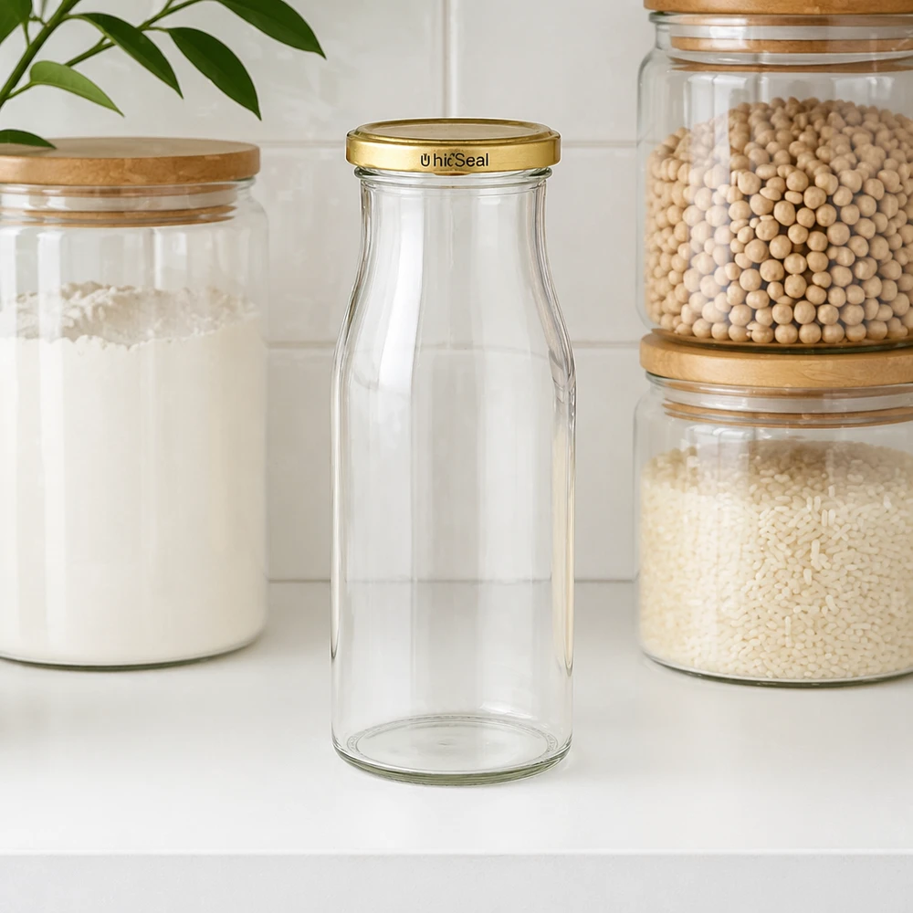 Botella 150ml con tapa dorada UNiTWIST BioSeal Botella de vidrio vacía UNiTWIST 150ml con tapón dorado BioSeal en la cocina entre los tarros de almacenamiento con alimentos