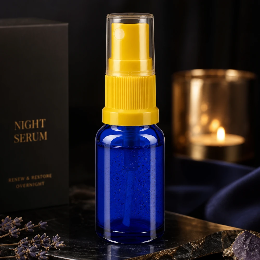Botella de farmacia azul 10ml tapón pulverizador amarillo Frasco pulverizador azul de 10 ml de cristal de farmacia con cabezal pulverizador amarillo y tapón transparente