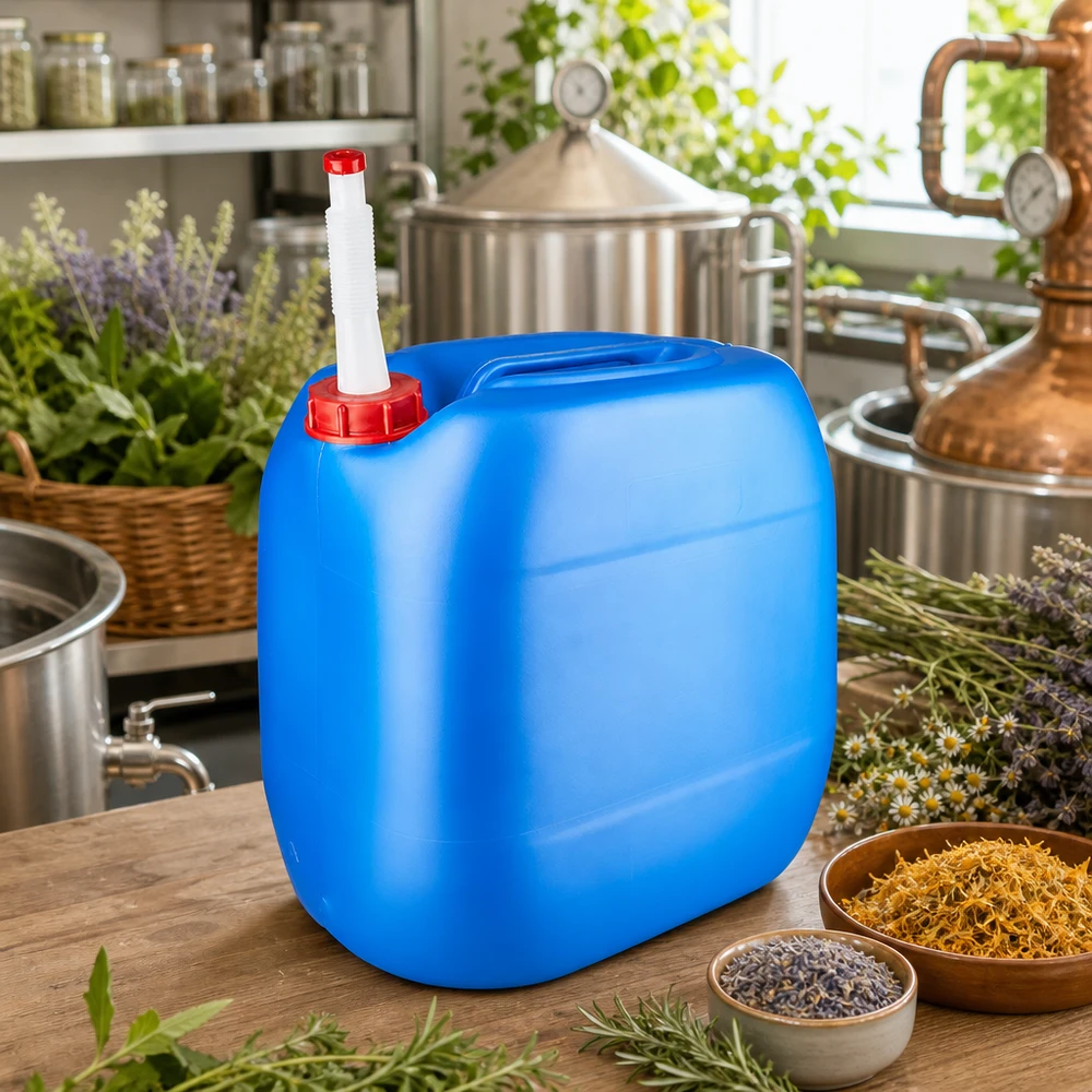 Bidón 30 litros azul con tubo de salida Flex Bidón de plástico azul de 30 litros con tubo de salida junto a un alambique y hierbas frescas