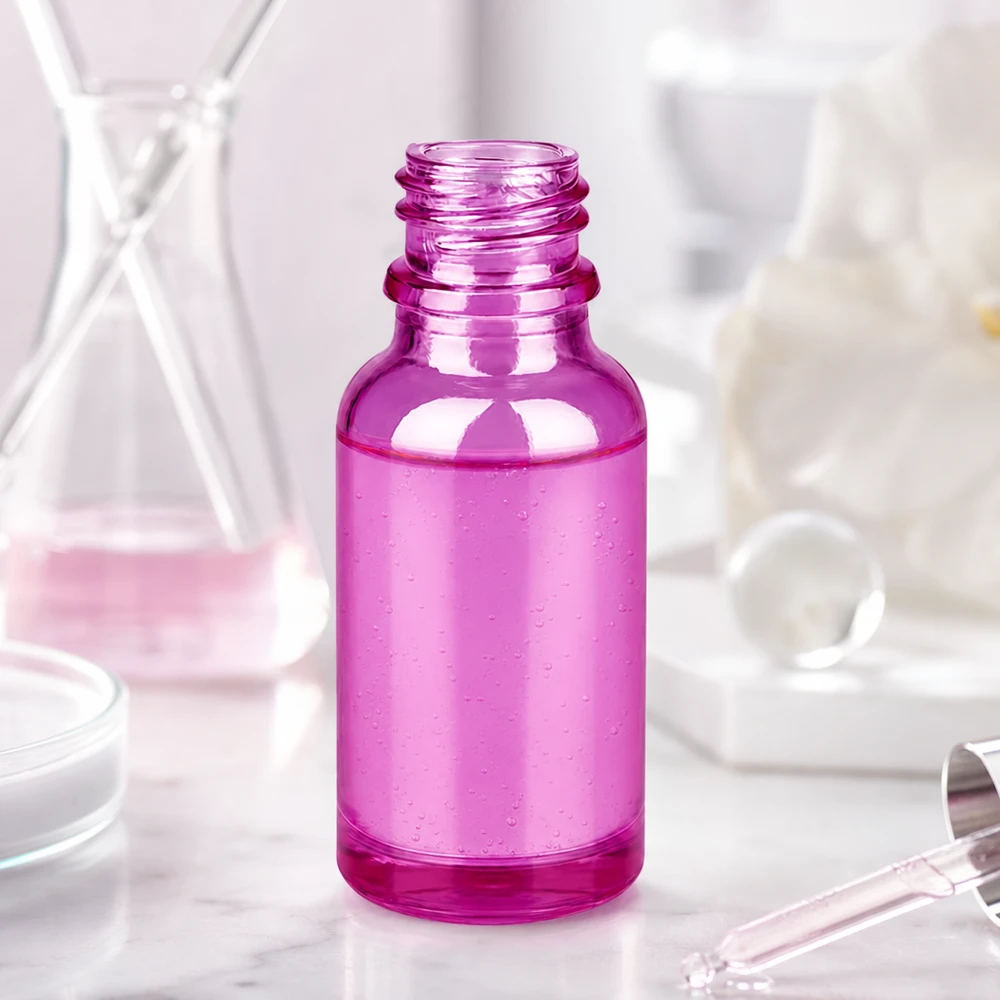 Pequeña botella de vidrio PurpleLine de 20 ml en elegante color púrpura con práctico sistema de cierre UNiTWIST