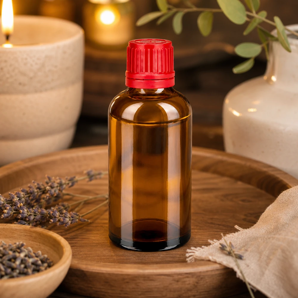 Botella 50ml tapón rosca 11mm rojo cierre inviolable BrownLine UT18/50 Frasco cuentagotas compacto de 50 ml de vidrio ámbar con protección UV y tapón rojo de alta calidad