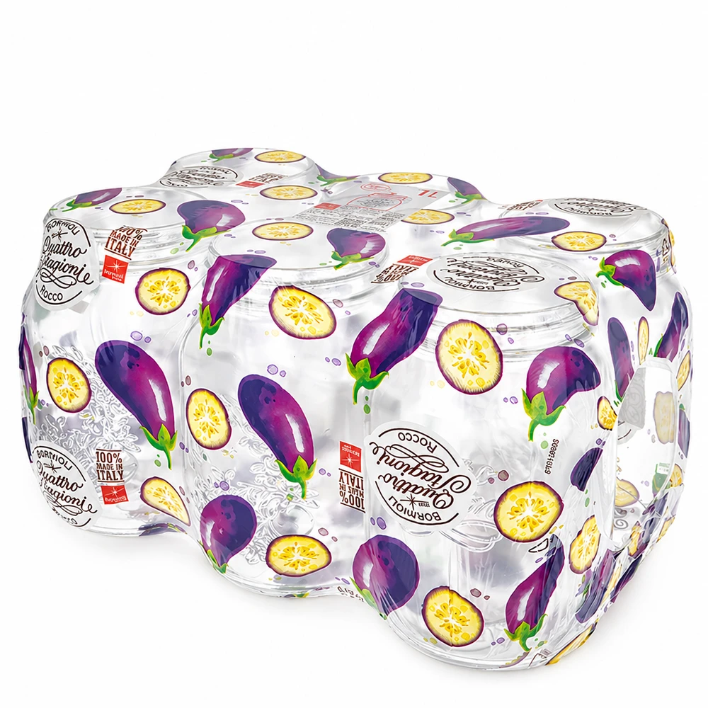 Tarro redondo 1000ml "Quattro Stagioni" QS86mm Tarros domésticos Quattro Stagioni de 1000 ml con decoración de berenjena en un práctico pack de cuatro para conservar y almacenar