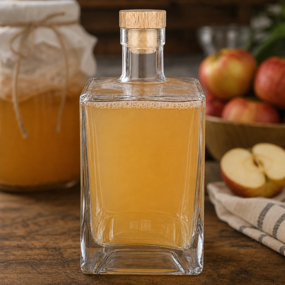 Botella de vidrio de 700 ml Ben llena de aguardiente de manzana junto a manzanas frescas Escenografía de cocina Corcho de madera Aguardiente de frutas UNiTWIST