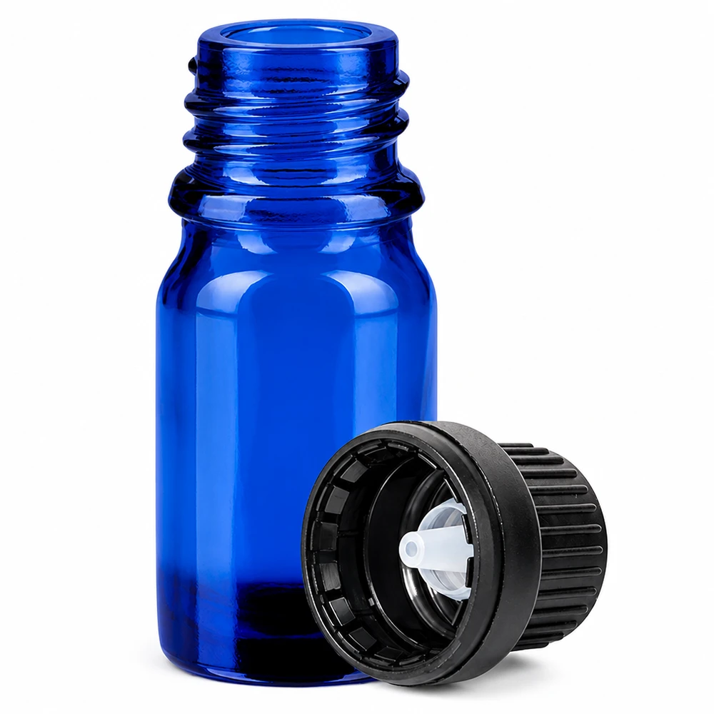 Frasco cuentagotas de 5 ml con tapón inviolable negro de 2 mm BlueLine UT18/5 Frasco cuentagotas de 5 ml de vidrio azul con abertura cuentagotas de 2 mm OV BlueLine UT18 para una dosificación precisa