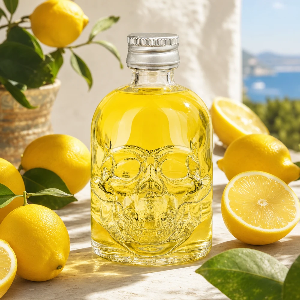 Botella de vidrio de 50 ml «Hector» y tapón de rosca plateado UNiTWIST® Botella de cristal de 50 ml Hector en forma de calavera con contenido amarillo decorada entre limones frescos sobre una mesa de madera