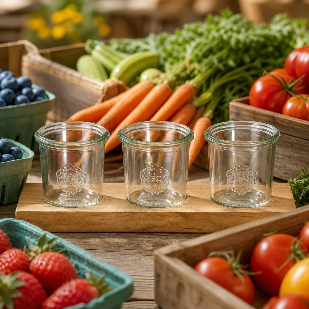 Vaso WECK 140ml en tabla de servir Plano3 decorado entre verduras frescas del mercado tomates zanahorias y bayas