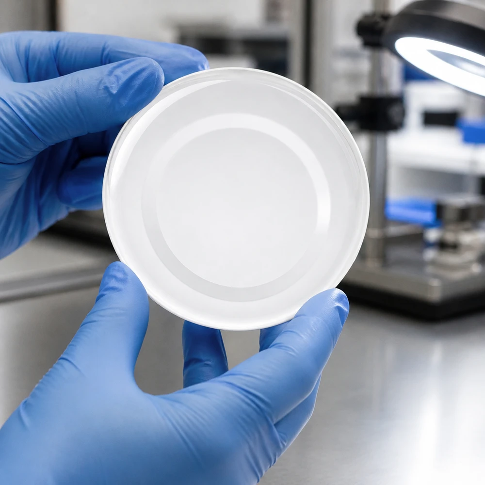 Tapa BasicSeal de 48 mm, blanca (TO48) UNiTWIST Guantes de laboratorio sujetan una tapa blanca BasicSeal TO48 de 48 mm de UNiTWIST delante del microscopio