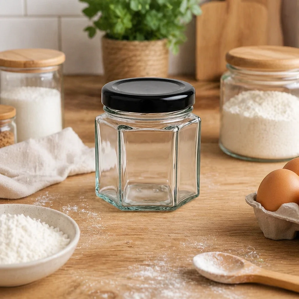 Tarro hexa de 47ml con tapa BasicSeal negra UNiTWIST Tarro hexa de 47 ml con tapa negra en cocina de repostería entre harina, huevos y tarros de almacenaje sobre encimera de madera