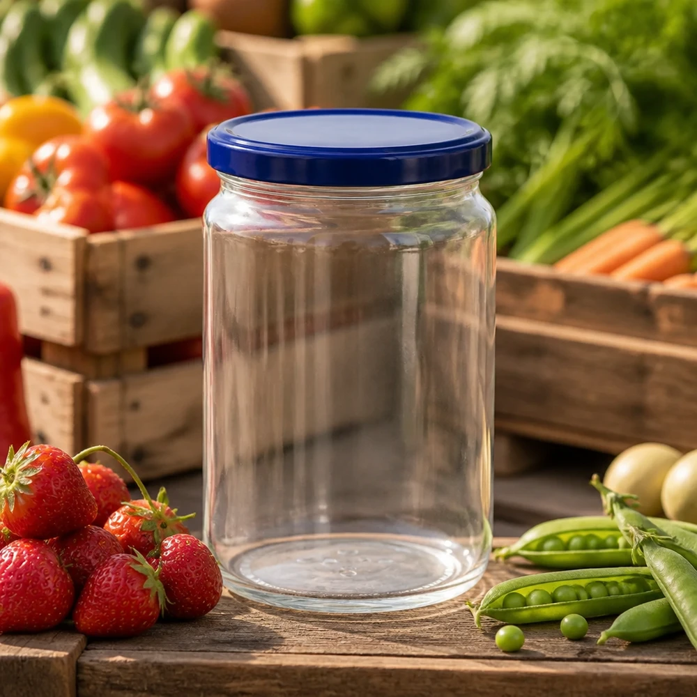Tarro redondo de 795 ml con tapa BasicSeal azul UNiTWIST rodeado de frutas y verduras frescas sobre una mesa de madera