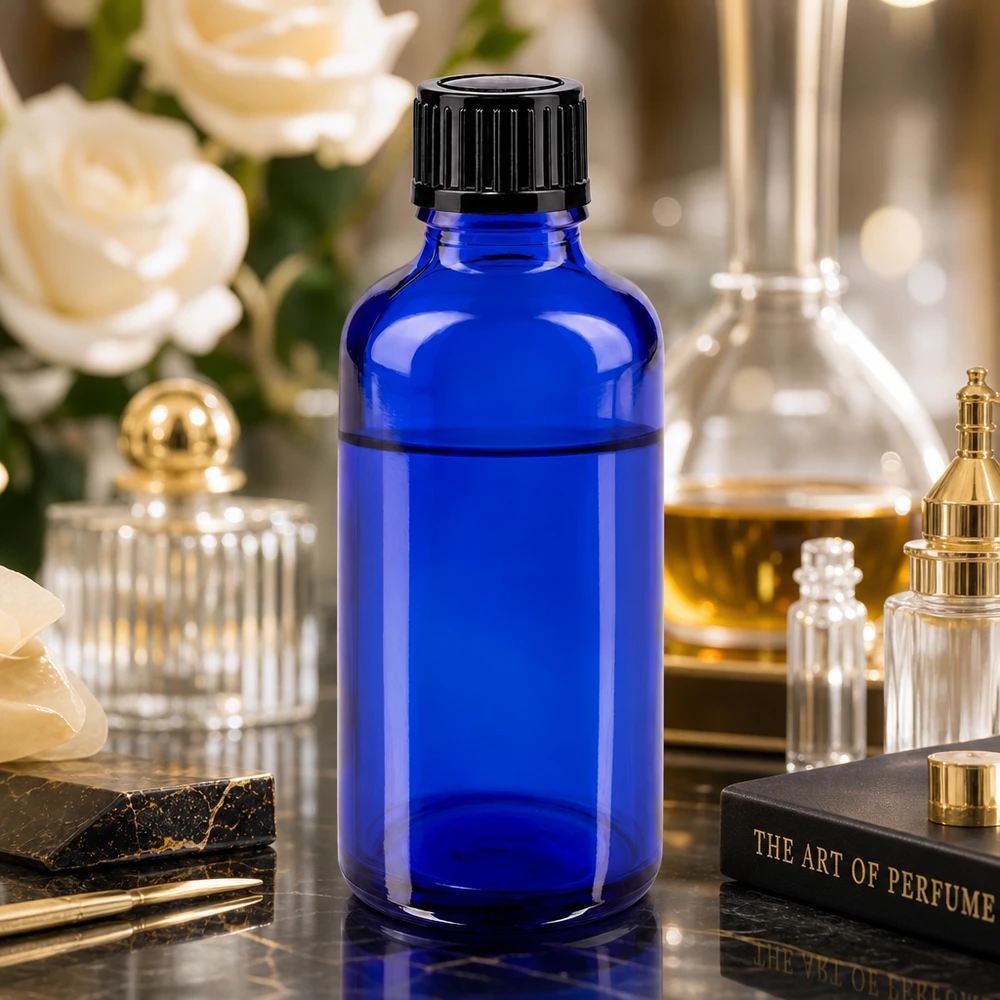 Frasco de cristal azul de 50 ml con tapón estándar negro sobre una mesa de mármol en un entorno de perfumería