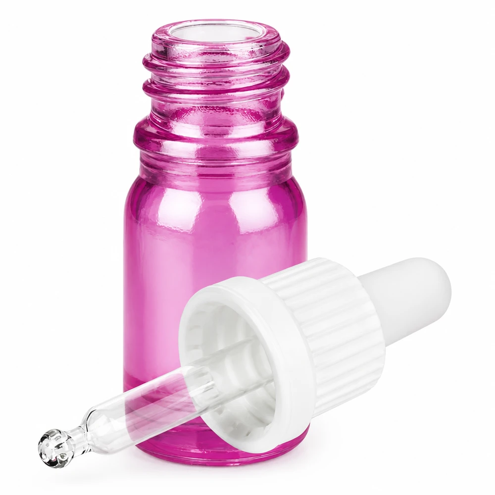 Frasco de vidrio morado de 5 ml con pipeta blanca OV PurpleLine UT18/5 para cosmética y aromaterapia