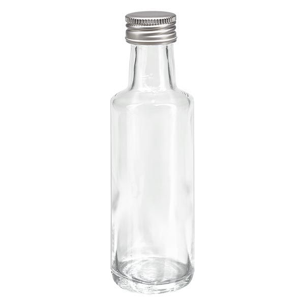 Botella de rosca de 100 ml redonda transparente con tapón plateado