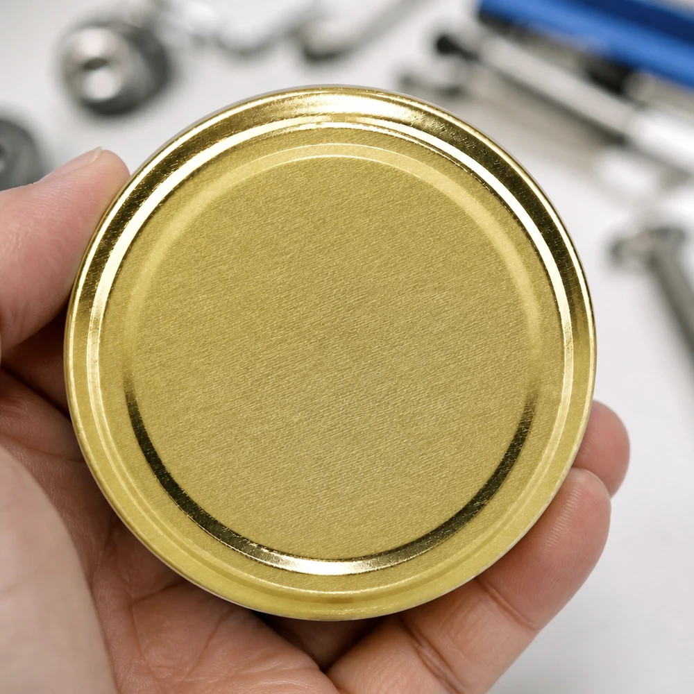 Tapa UniTwist BasicSeal de 82 mm, tipo TO82, de color dorado, en la palma de la mano abierta, con una herramienta al fondo