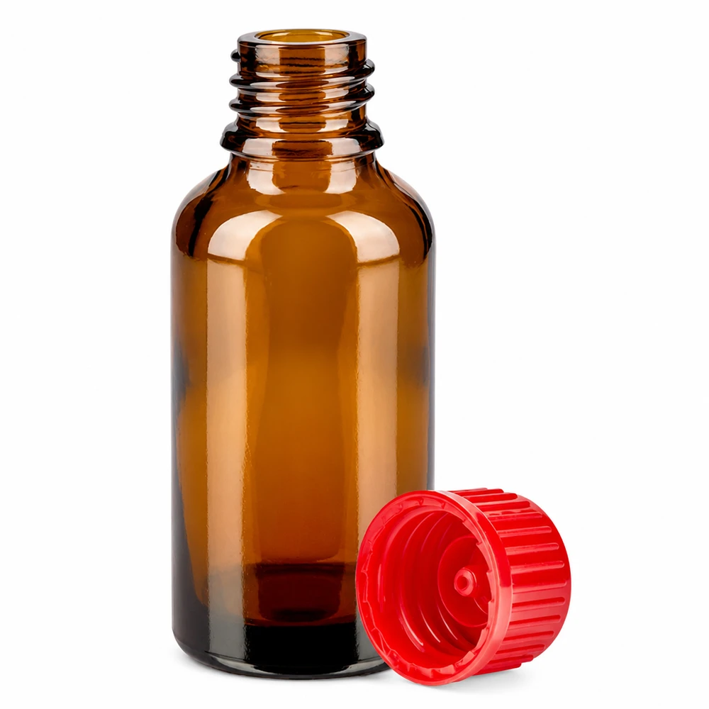 Frasco boticario compacto de 30 ml de vidrio ámbar con protección UV y tapón rojo