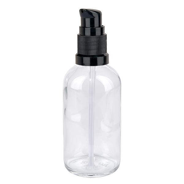 Frasco bomba 100ml negro tapón estándar ClearLine UT18/100 Frasco de cristal de 100 ml con dosificador negro, serie ClearLine, frasco de farmacia transparente