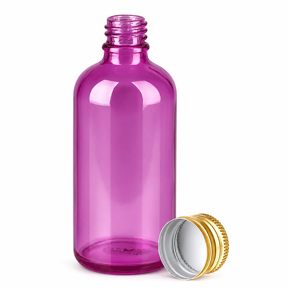 Frasco de vidrio morado de 100 ml con tapón de rosca de aluminio para aceites esenciales y tinturas