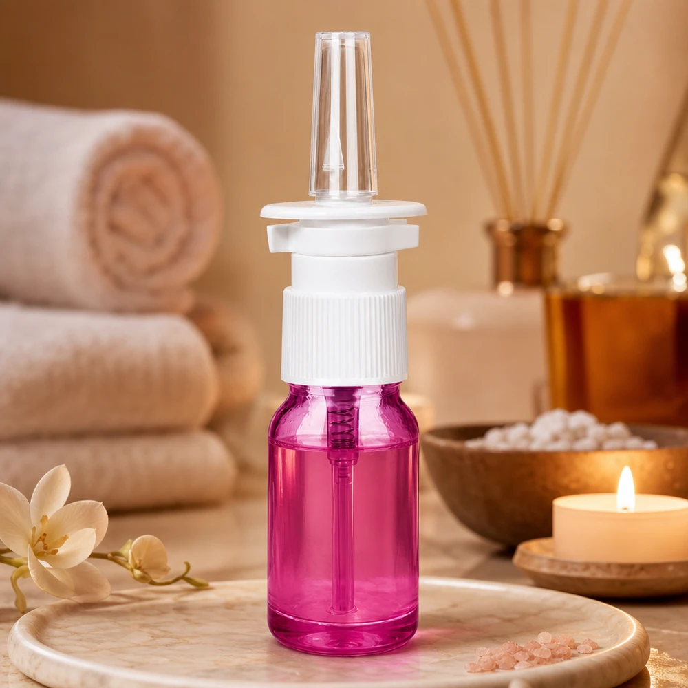 Frasco medicinal de 10 ml con bomba de pulverización nasal en vidrio claro morado para bienestar y aromaterapia