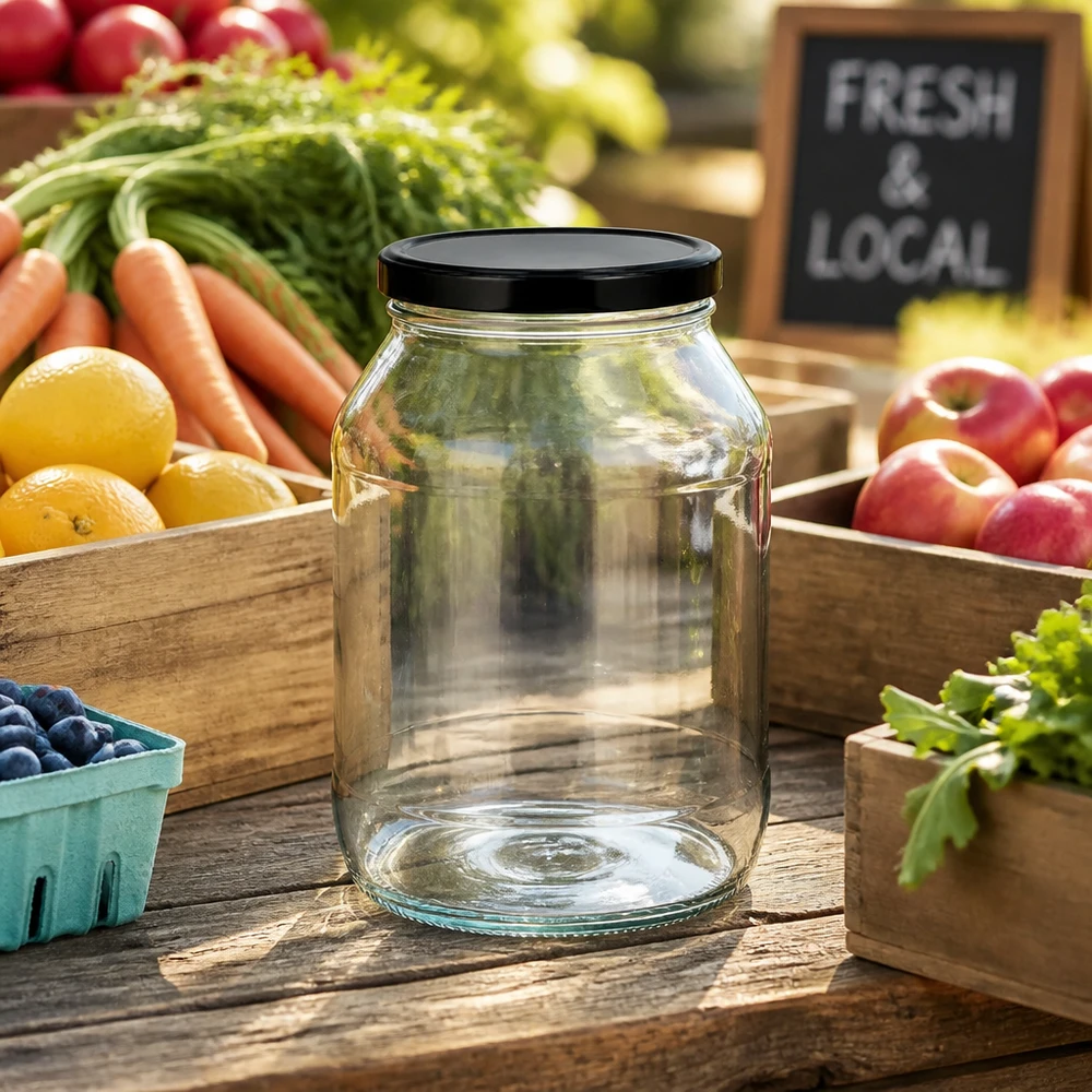 Tarro redondo de 2650 ml con tapa BasicSeal negra UNiTWIST Leeres 2650ml Rundglas mit schwarzem Deckel zwischen frischem Obst und Gemüse auf Holztisch im Farmers Market Stil