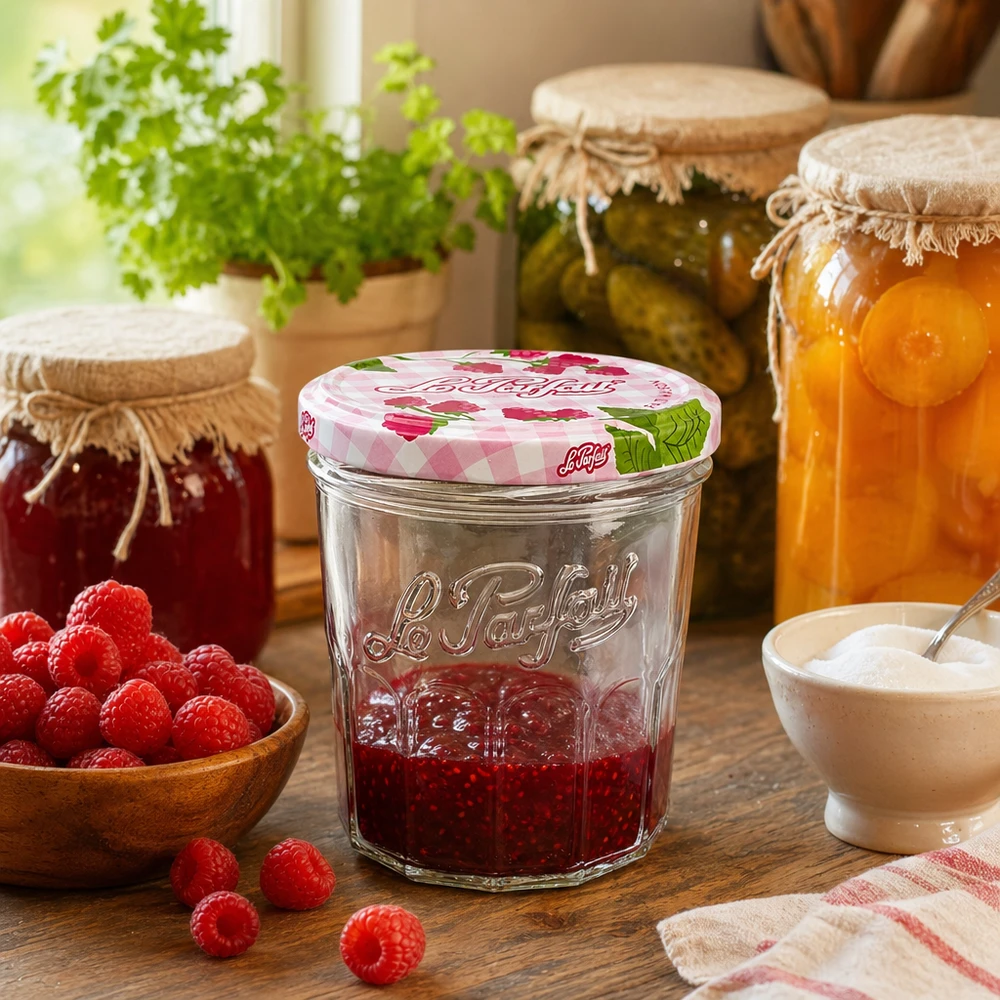 Tarro de conserva Le Parfait de 324 ml con mermelada de frambuesa en una cocina rústica junto a otros tarros de conserva y hierbas aromáticas