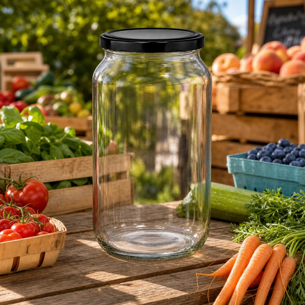 Tarro redondo de 1062 ml delante de un puesto de mercado con verduras frescas - práctico tarro de conserva para productos de la huerta y comida casera