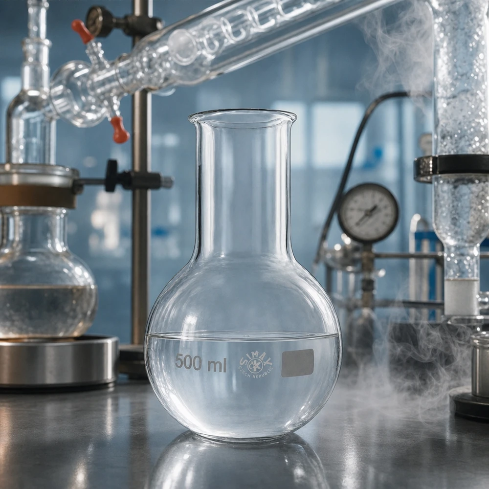 Frasco de vidrio de 500 ml de alta calidad con cuello fino para trabajos precisos de laboratorio y destilación