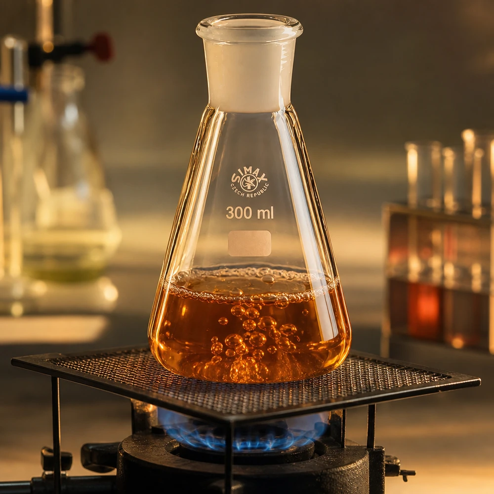 Matraz Erlenmeyer 300ml con junta esmerilada estándar (29/32) Matraz Erlenmeyer de 300 ml con junta esmerilada estándar 29/32 calentado en quemador de gas con líquido naranja