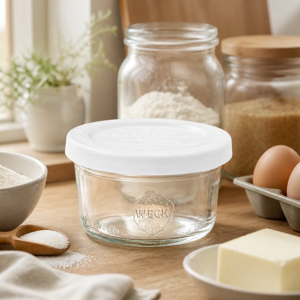 Vaso cilíndrico de 50ml con tapa de frescor WECK RR60 Vaso de 50ml WECK RR60 con tapa fresco en una cocina rústica entre ingredientes para hornear, harina, huevos y utensilios de madera.