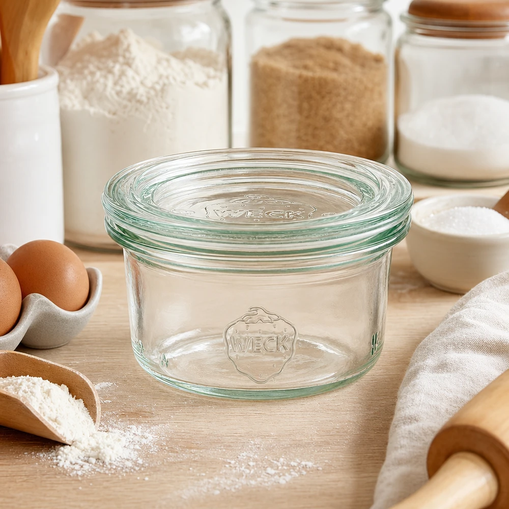 Vaso WECK 50ml RR60 en el entorno de la cocina con harina, huevos e ingredientes de repostería para un almacenamiento versátil