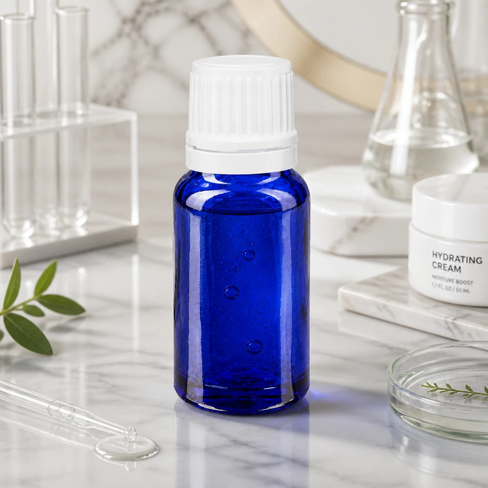 Frasco opaco de 10 ml, azul con tapón de rosca blanco, sobre mármol junto a material de vidrio de laboratorio