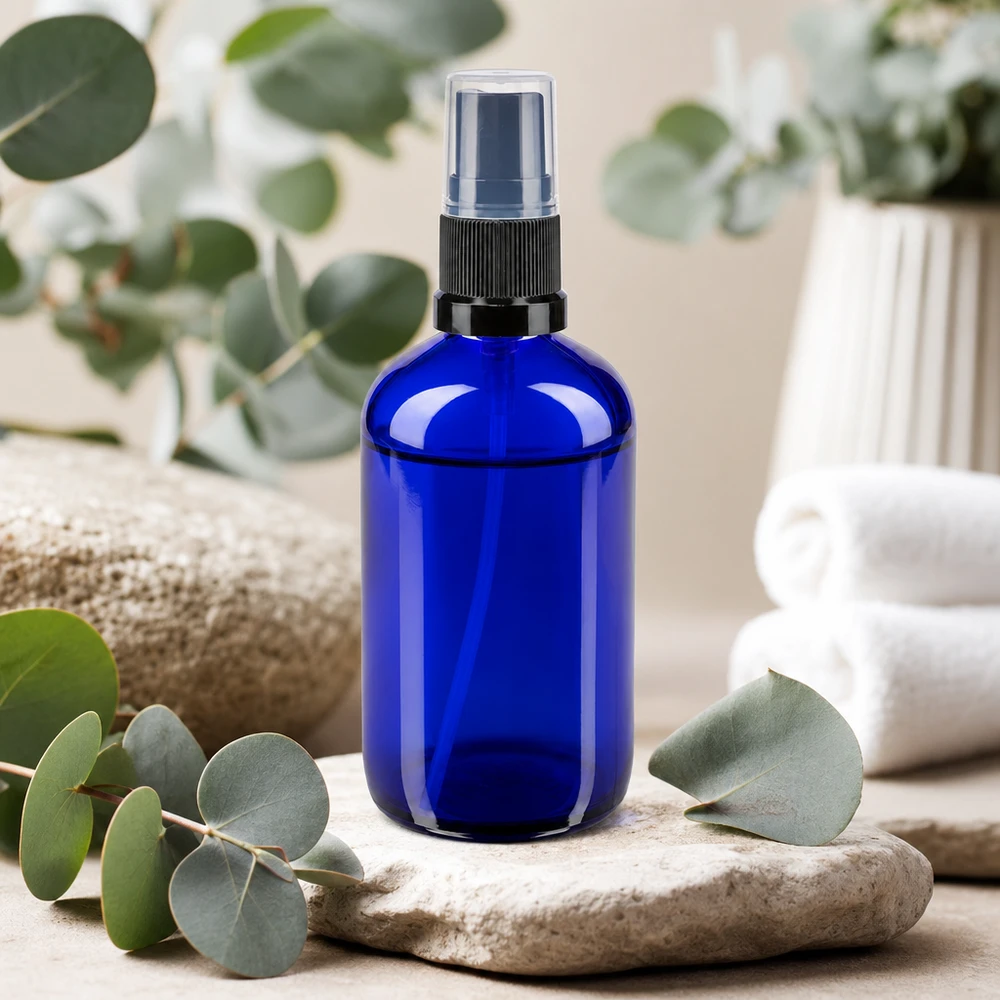 Botella de farmacia azul 100ml pulverizador negro Frasco de cristal azul cobalto de 100 ml con pulverizador negro sobre una piedra natural con ramitas de eucalipto