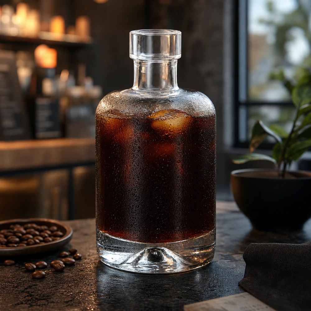 Botella de vidrio de 50 ml «50ml Glasflasche "Amelie" ohne Verschluss UNiTWIST» sin tapón UNiTWIST® Botella de cristal de 50 ml Amelie llena de café cold brew junto a los granos de café muestra el uso para bebidas y licores