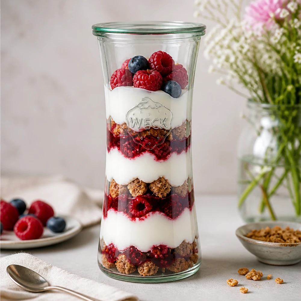 Tarro delicatessen 700ml con tapa de cristal WECK RR80 WECK 700ml Delikatessenglas RR80 mit geschichtetem Joghurt-Beeren-Parfait - stylisches Einmachglas für Desserts