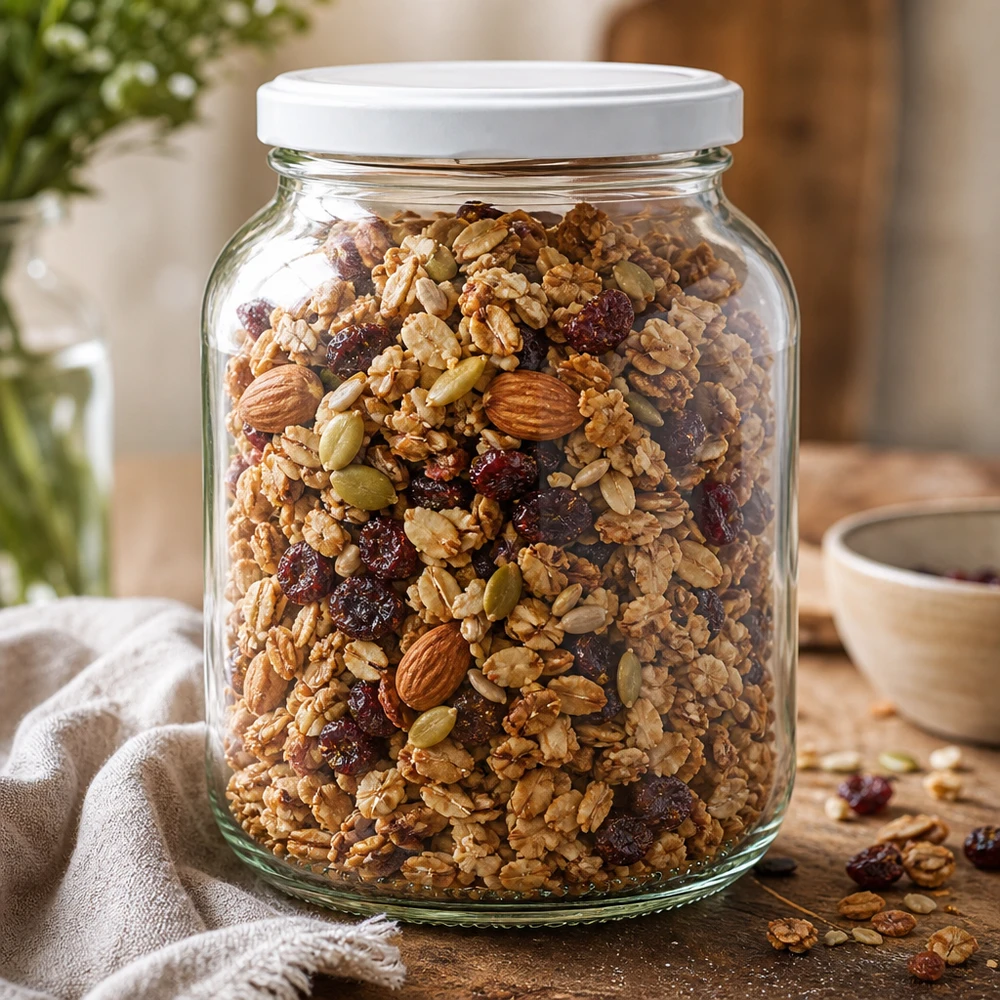 Tarro ovalado de 370ml UNiTWIST con tapa blanca relleno de muesli frutos secos granola tarro de almacenaje cocina