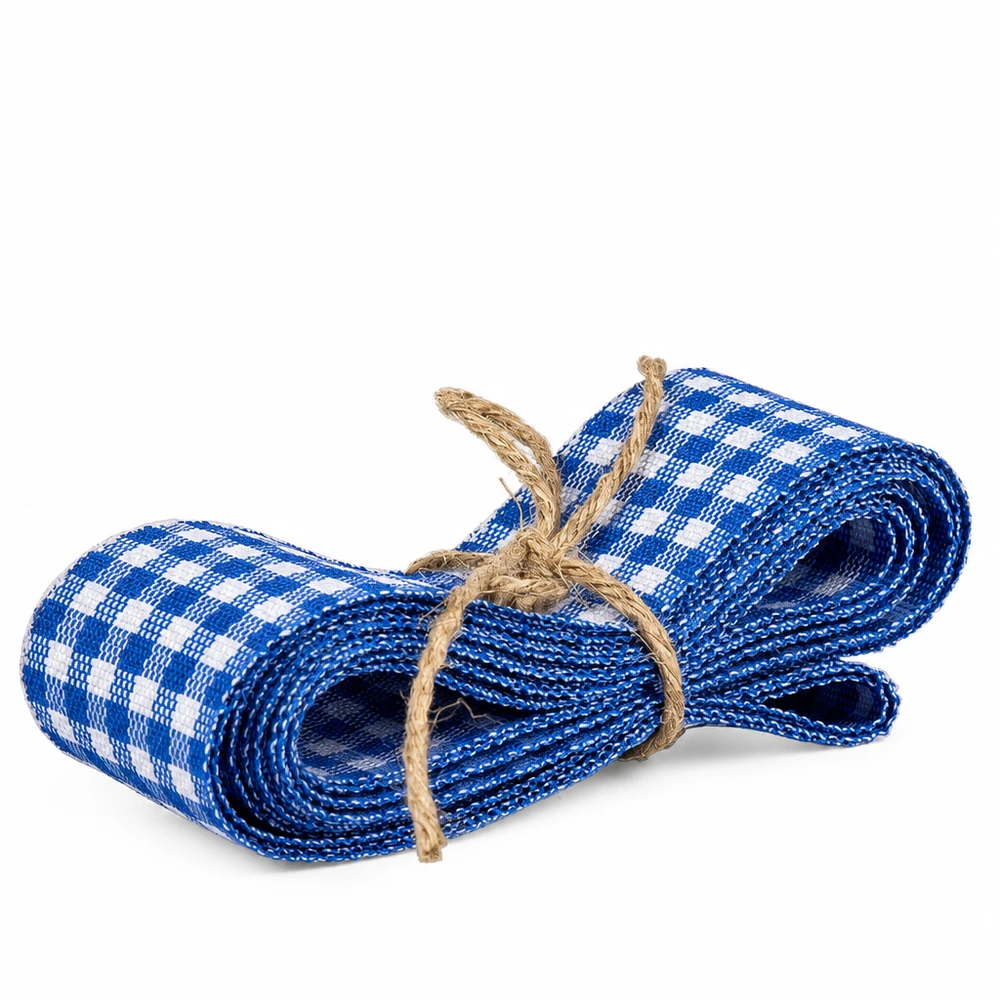 Cinta de tela azul y blanca para decorar, 300 cm Cinta de tela a cuadros azules y blancos de 300 cm de largo enrollada con cordón de yute para decoración y manualidades