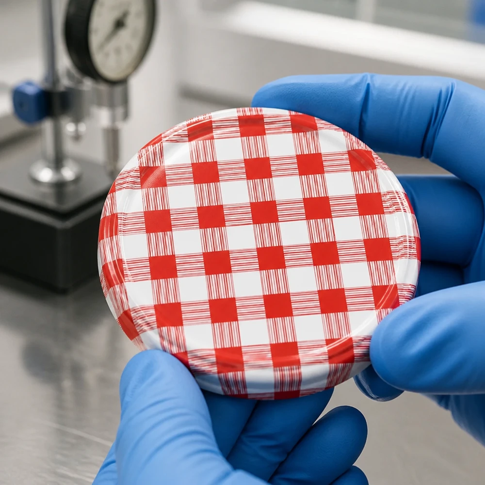 Prueba de laboratorio de una tapa de rosca BasicSeal de 82 mm con diseño de cuadros rojos, realizada con guantes