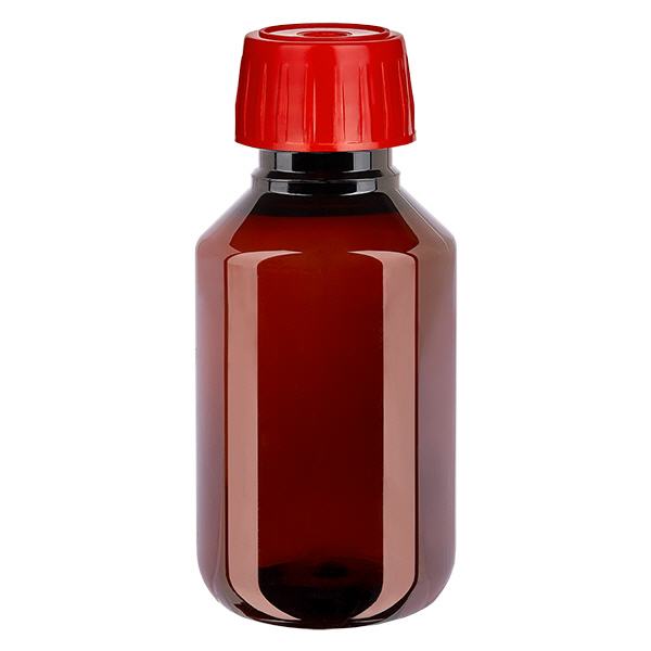Botella PET 100ml con tapón de rosca desgasificador de color rojo Botella PET 100ml con tapón de rosca desgasificador de color rojo