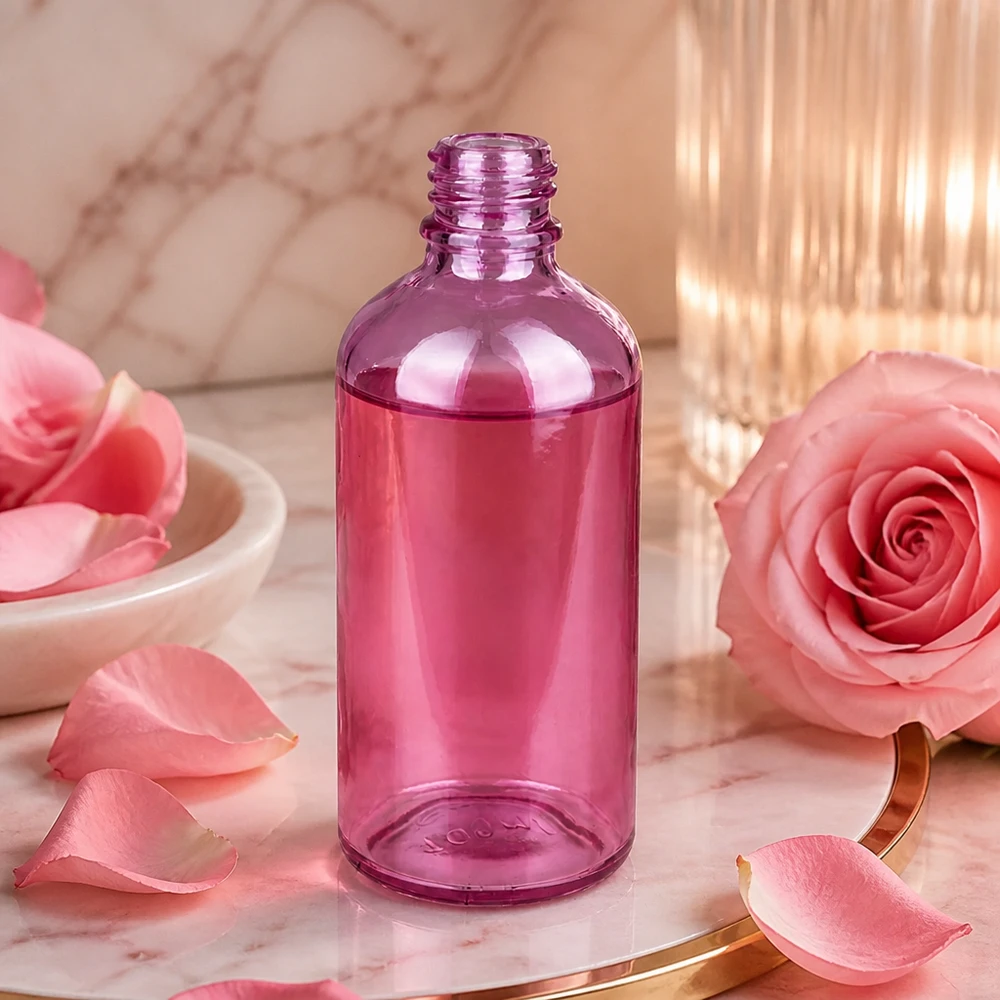 Elegante frasco de vidrio PurpleLine UT18/100 de 100 ml en delicado color violeta para cosméticos y aromaterapia